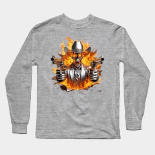 Flaming Skull Shooting Cowboy by focusln Long Sleeve T-Shirt